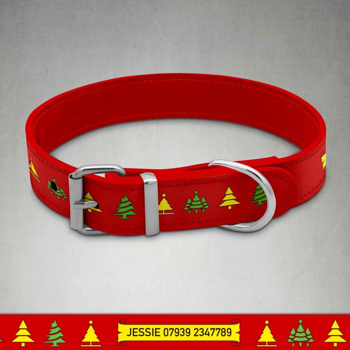 Personalised Red Collar - Yellow & Green Xmas Tree