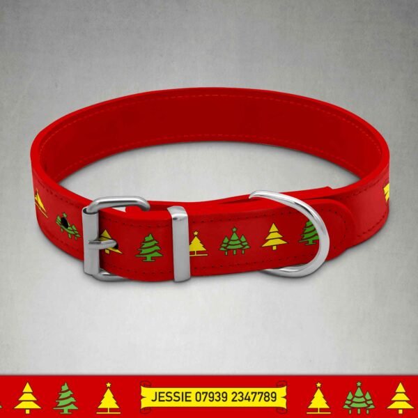 Personalised Red Collar - Yellow & Green Xmas Tree