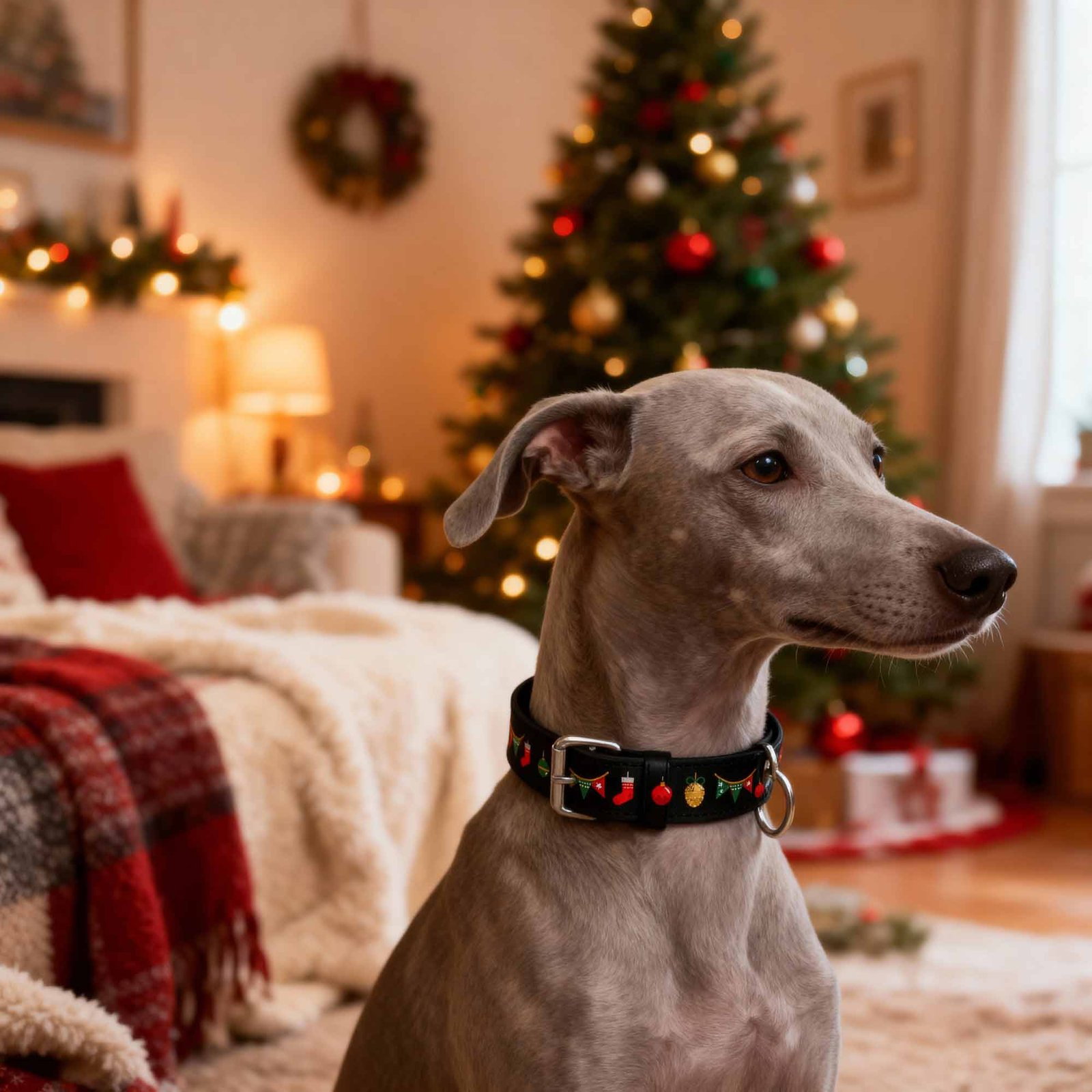 Black Christmas decorations collar on grey dog