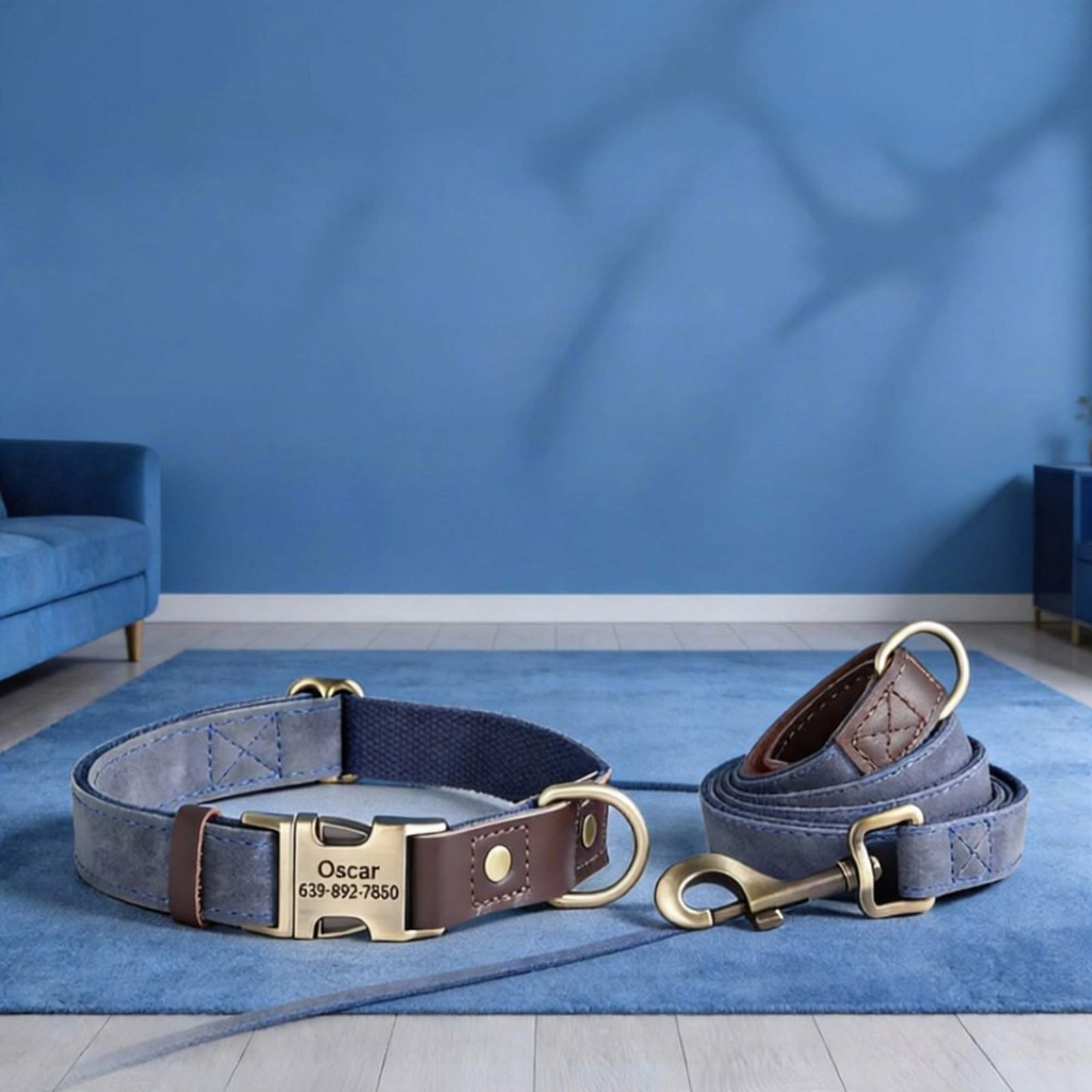 Personalised PU Leather, Nylon Dog Collar and Leash Set with Custom Name Tag - Image 6