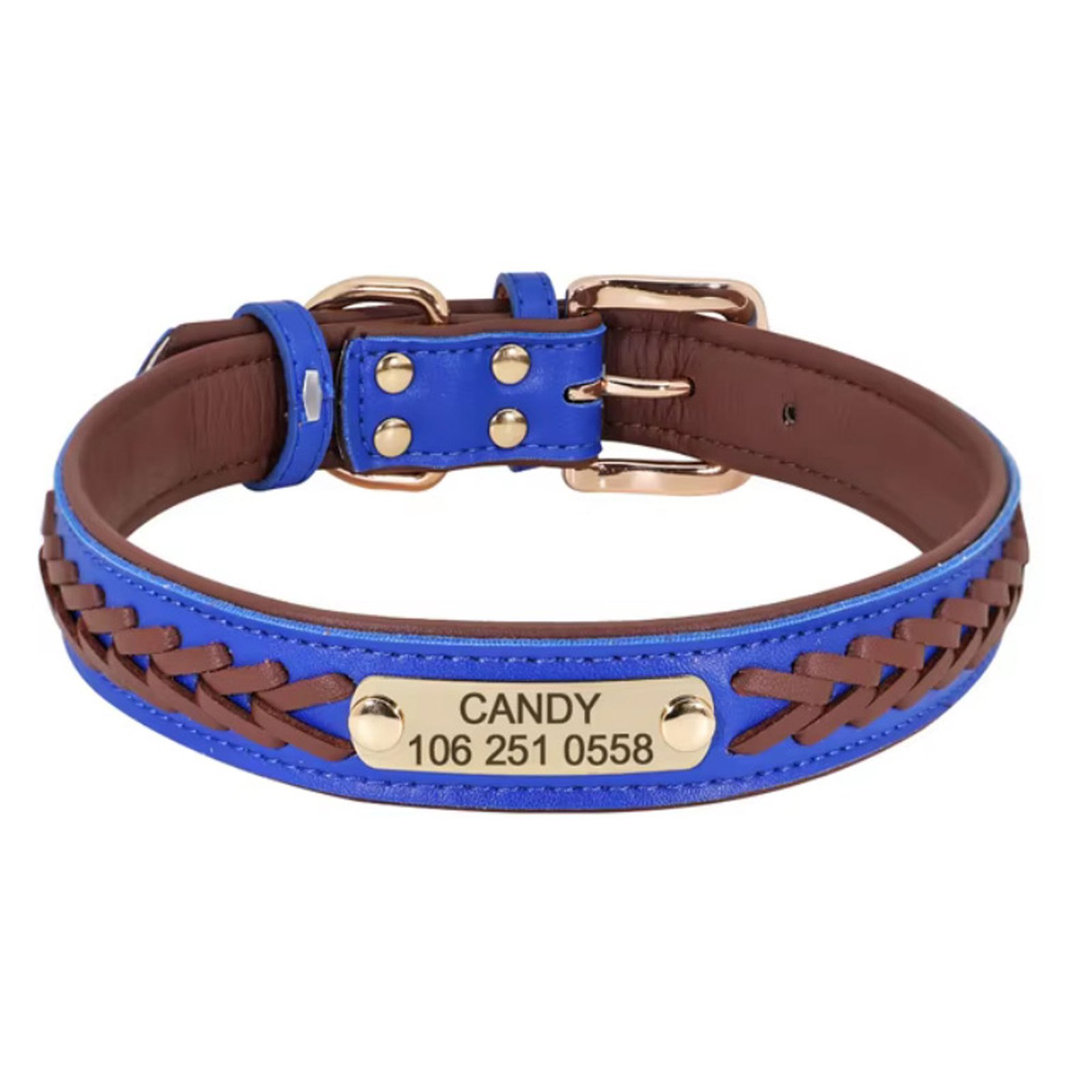 Brown blue braided leather collar