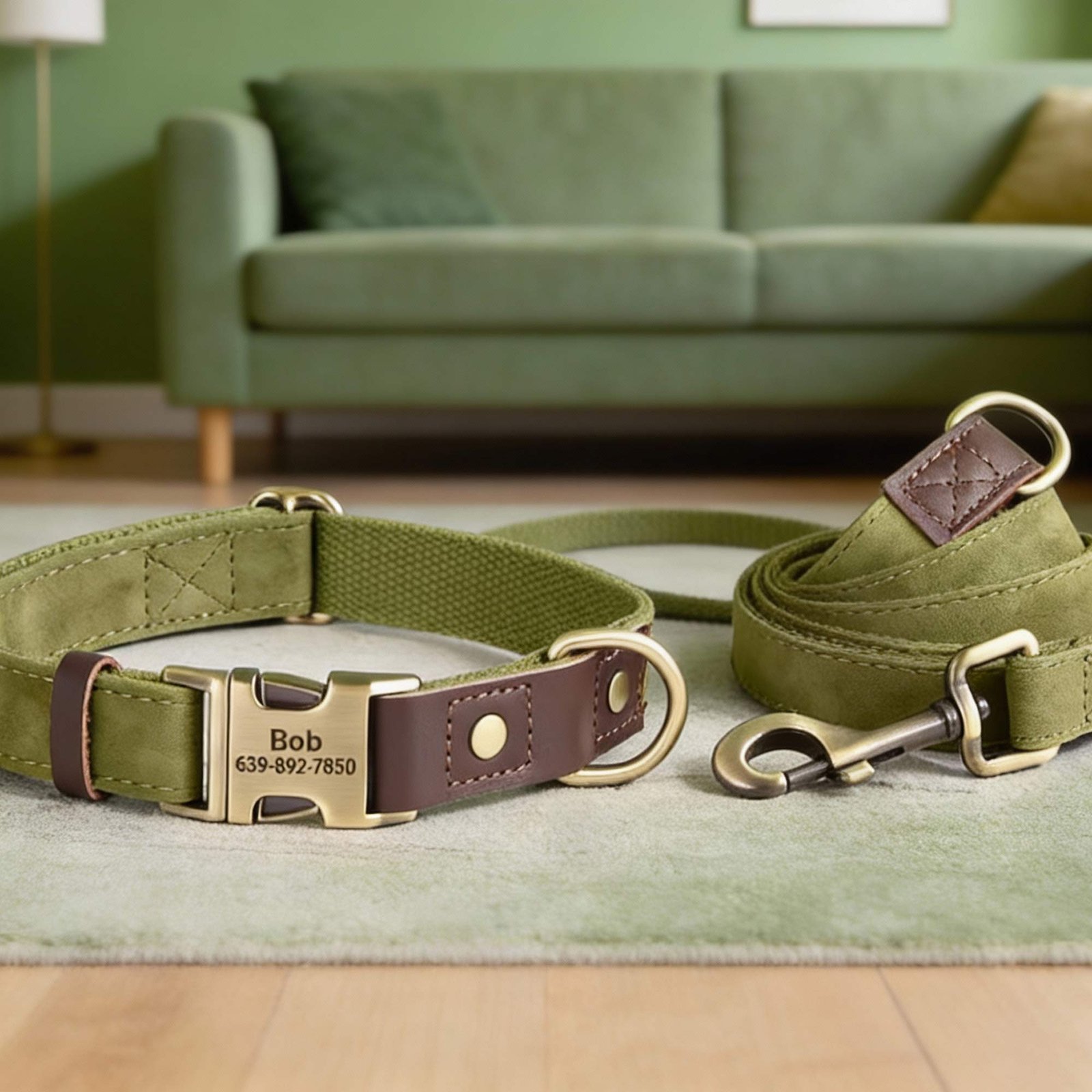 Personalised PU Leather, Nylon Dog Collar and Leash Set with Custom Name Tag - Image 5