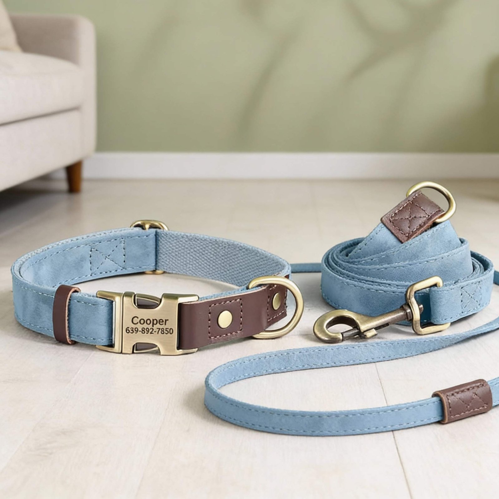 Personalised PU Leather, Nylon Dog Collar and Leash Set with Custom Name Tag - Image 4
