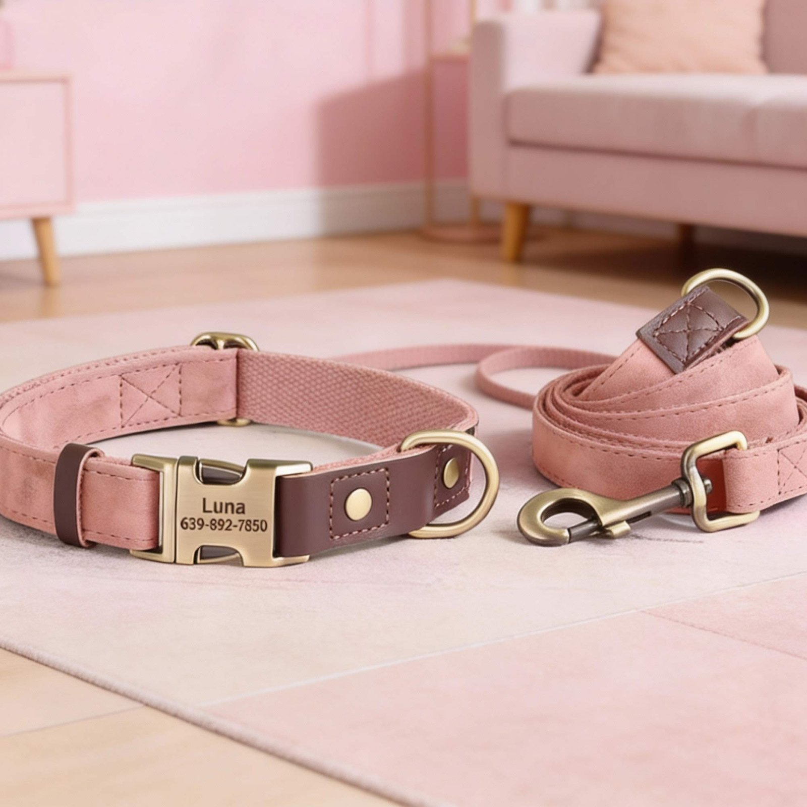 Personalised PU Leather, Nylon Dog Collar and Leash Set with Custom Name Tag - Image 2