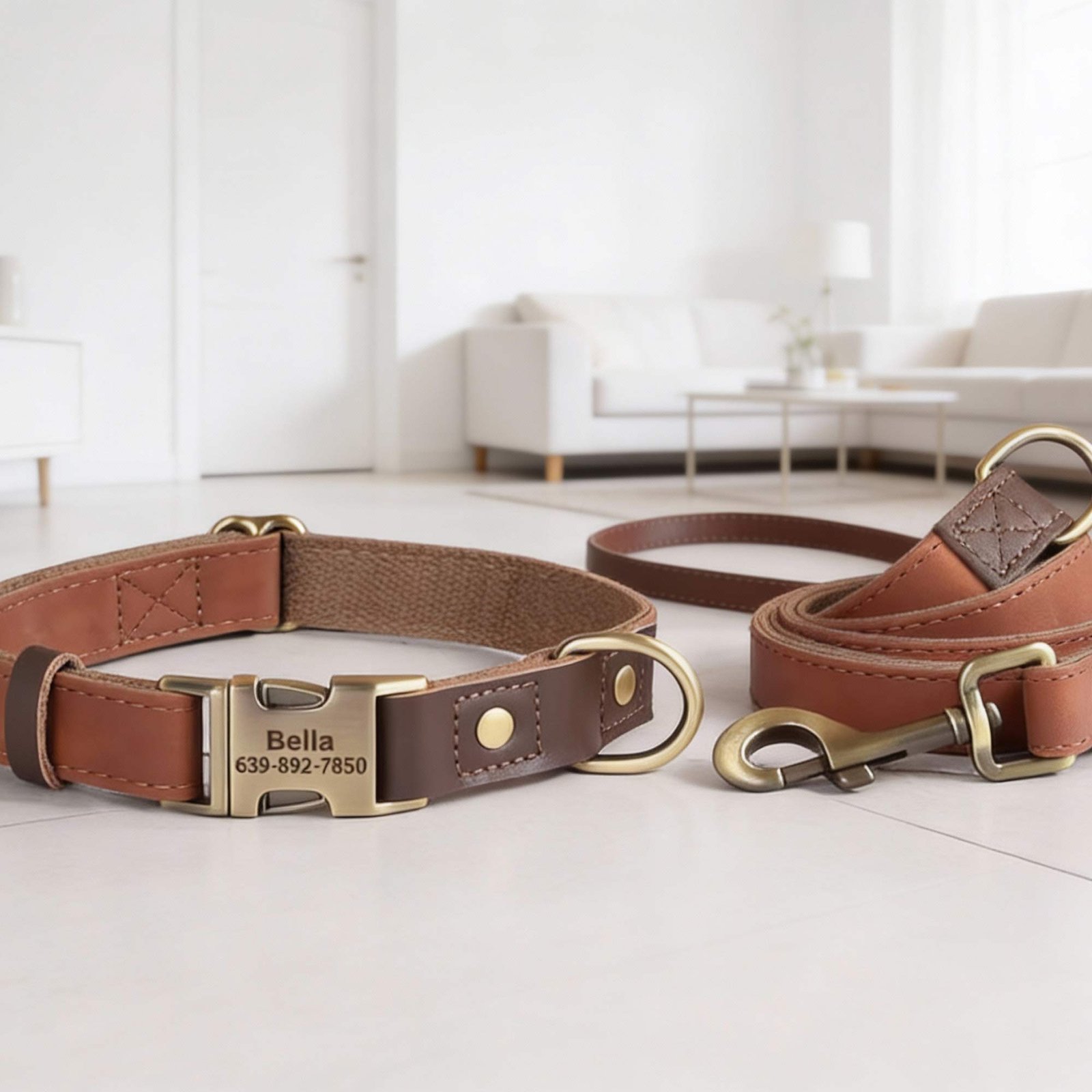 Personalised PU Leather, Nylon Dog Collar and Leash Set with Custom Name Tag