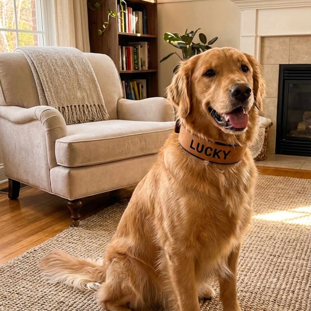 Rescue dog wearing a brown wide leather collar, one of our gotcha day ideas for a personalised gift