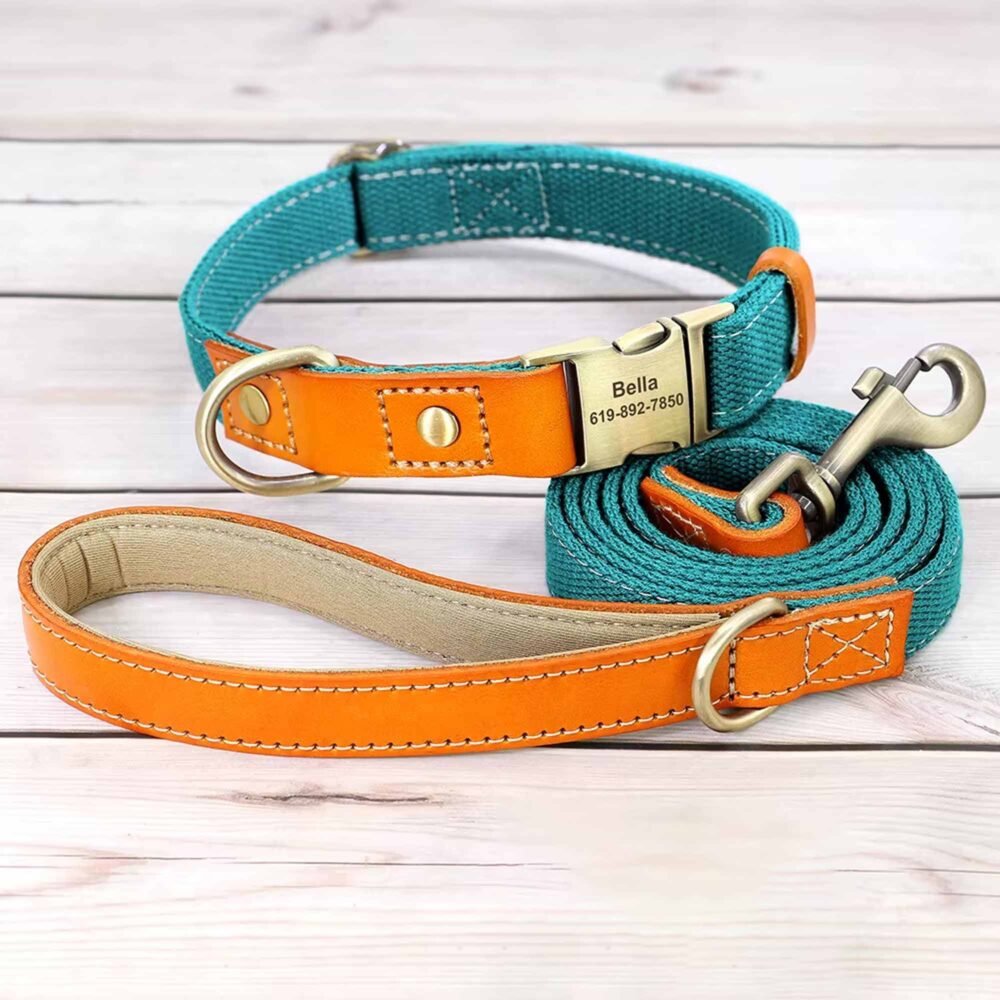 Light blue personalised nylon puppy collar and leash set with leather name tag Light blue personalised nylon puppy collar and leash set with leather name tag