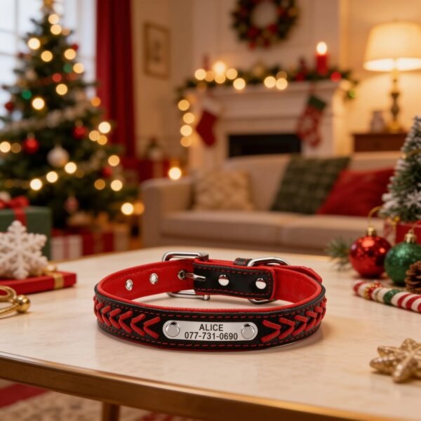 Christmas Red Braided Faux Leather Dog Collar – Personalised Engraved Name Plate