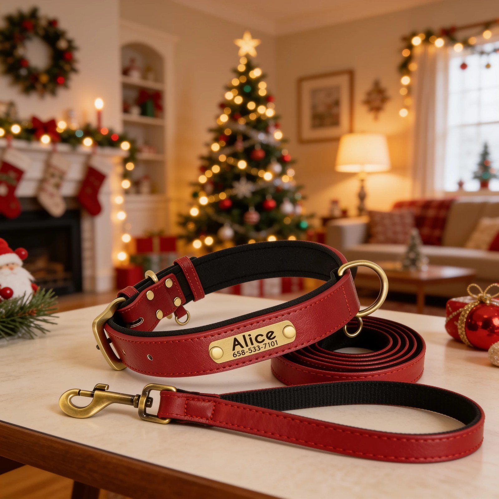 Christmas Red Leather Dog Collar & Lead Set – Personalised Engraved Name Plate