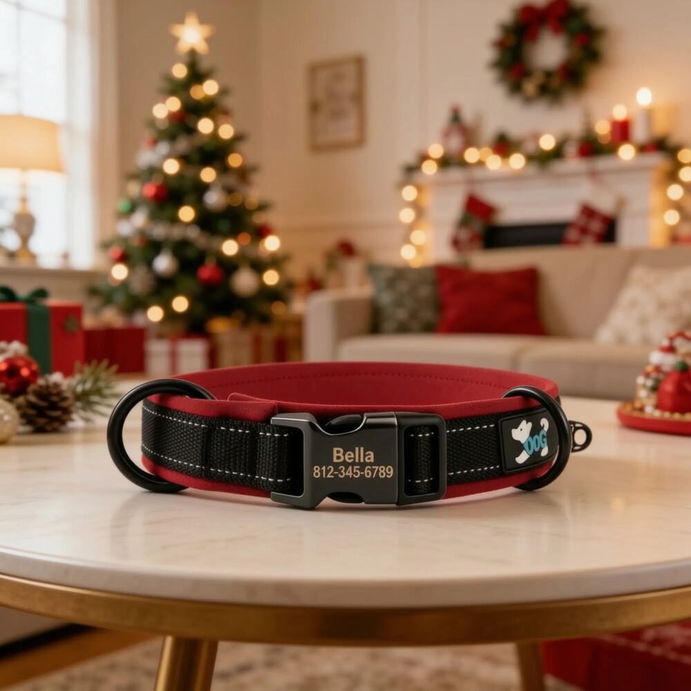 Christmas Red Reflective Dog Collar – Personalised Engraved Buckle