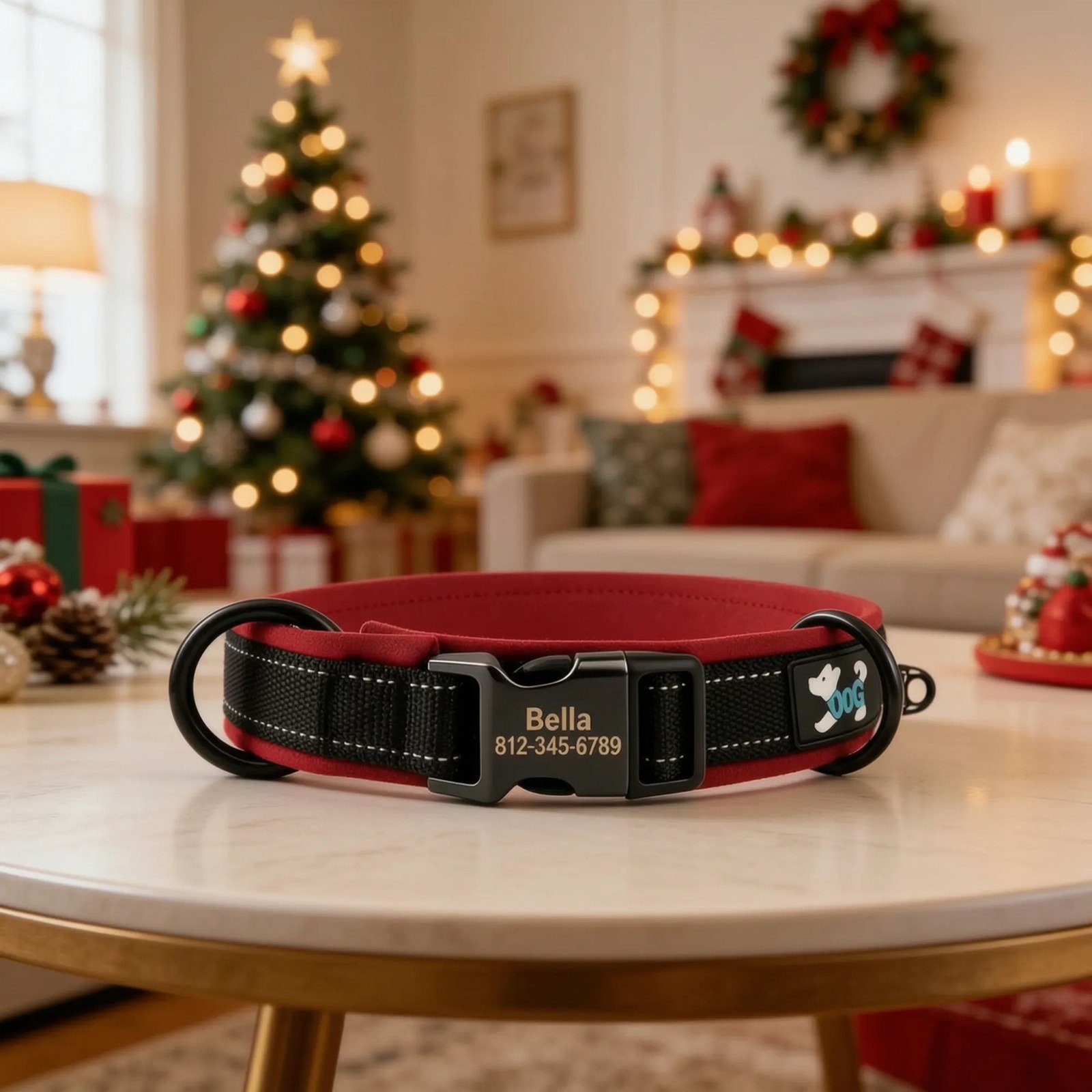 Christmas Red Reflective Dog Collar – Personalised Engraved Buckle