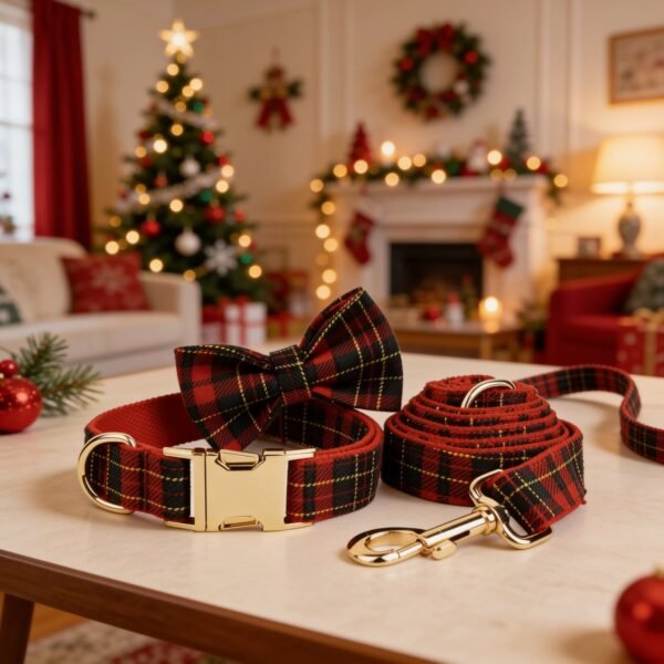 Christmas Tartan Dog Collar with Bow Tie – Personalised Engraved Buckle