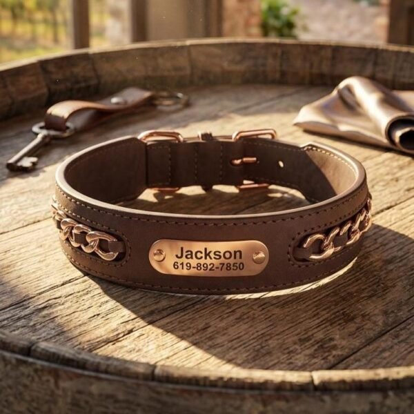 Personalised Genuine Leather Dog Collar – Chain Design