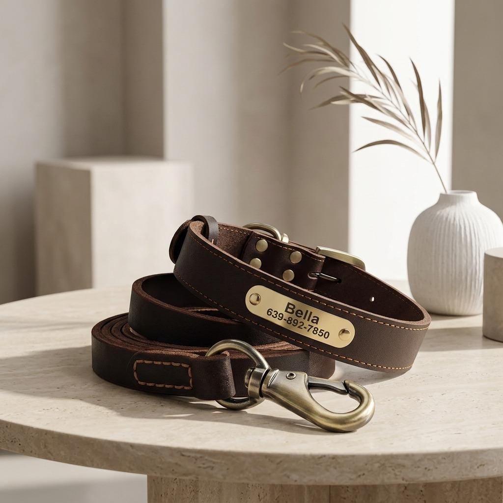 Personalised Real Leather Dog Collar & Lead Set