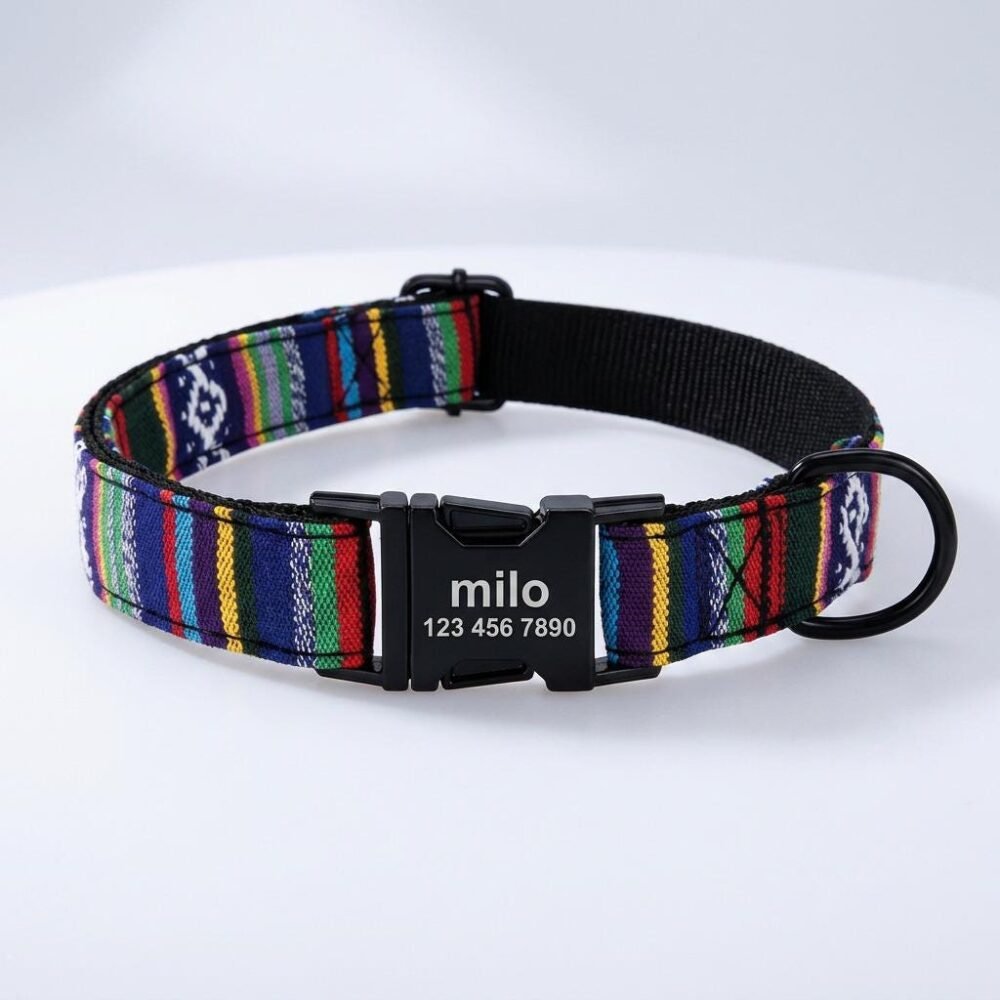 Personalised Stripy Nylon Dog Collar with Name Plate