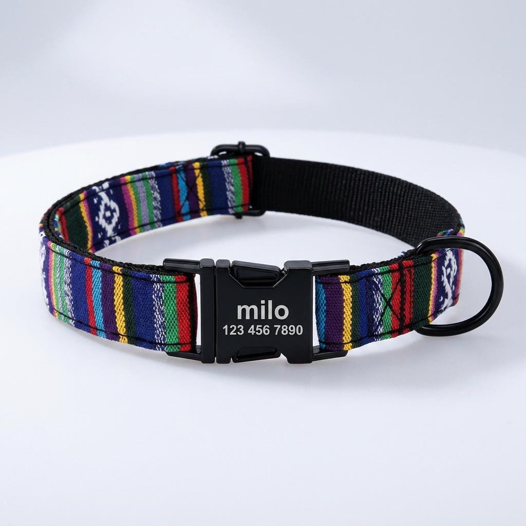 Personalised Stripy Nylon Dog Collar with Name Plate