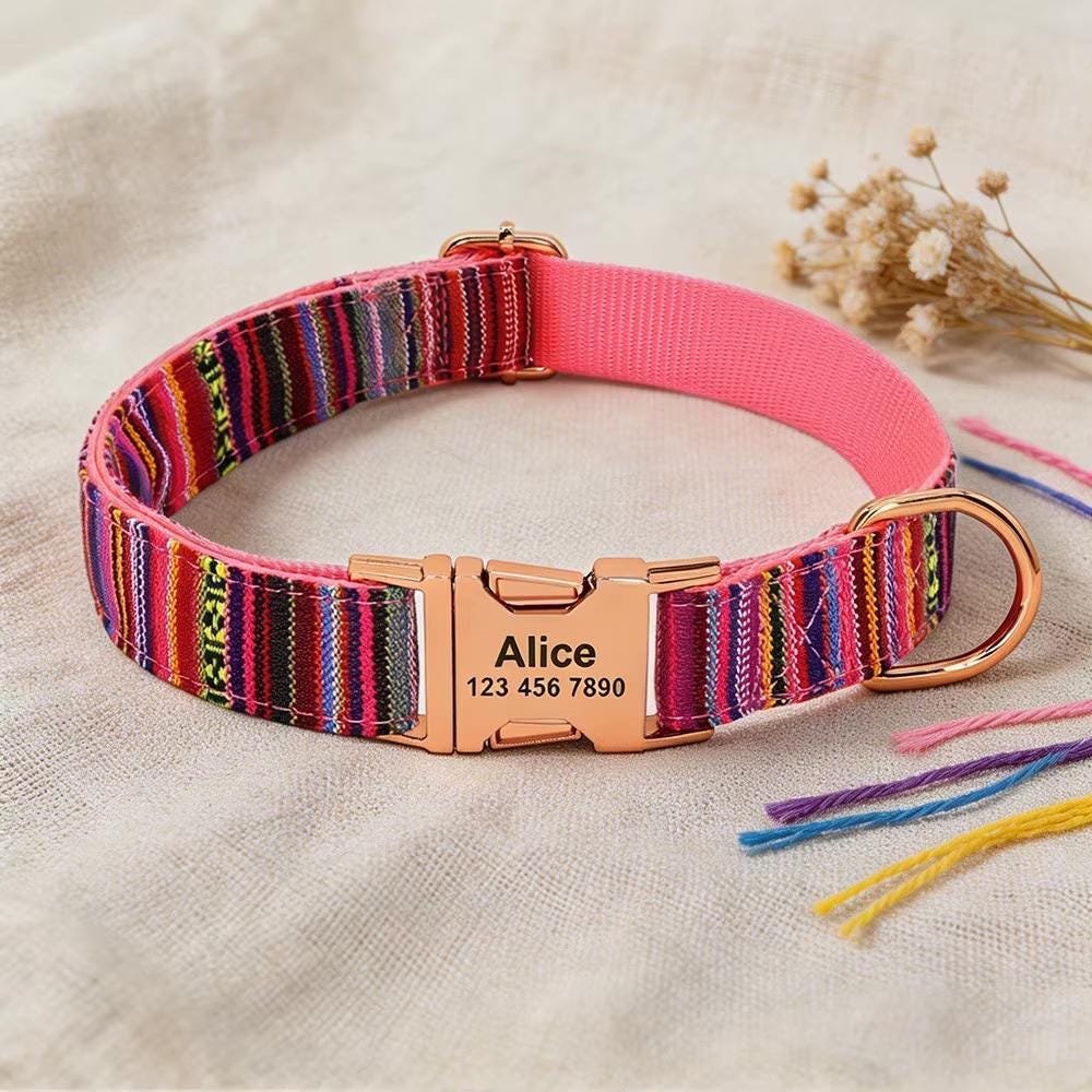 Personalised Stripy Nylon Dog Collar with Name Plate – photo 3