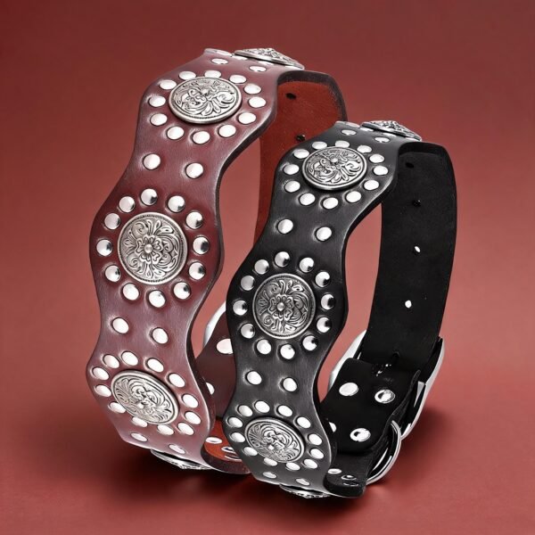 Retro Jewelled Genuine Leather Dog Collar – Large Dogs