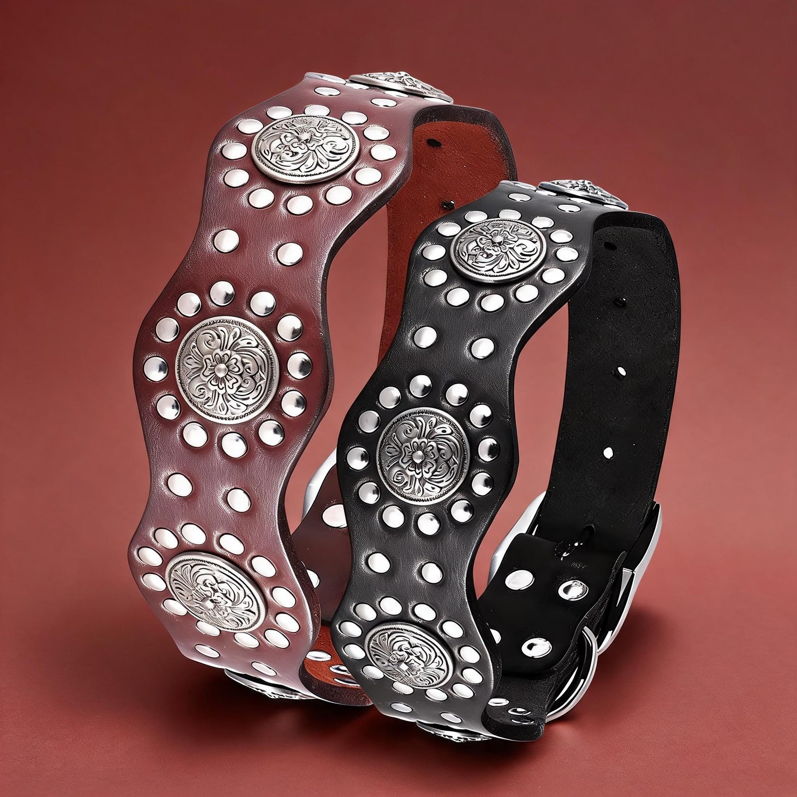 Retro Jewelled Genuine Leather Dog Collar – Large Dogs