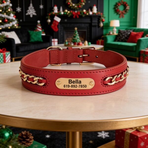 Christmas Red Genuine Leather Dog Collar – Chain Design, Personalised Engraved Name Plate