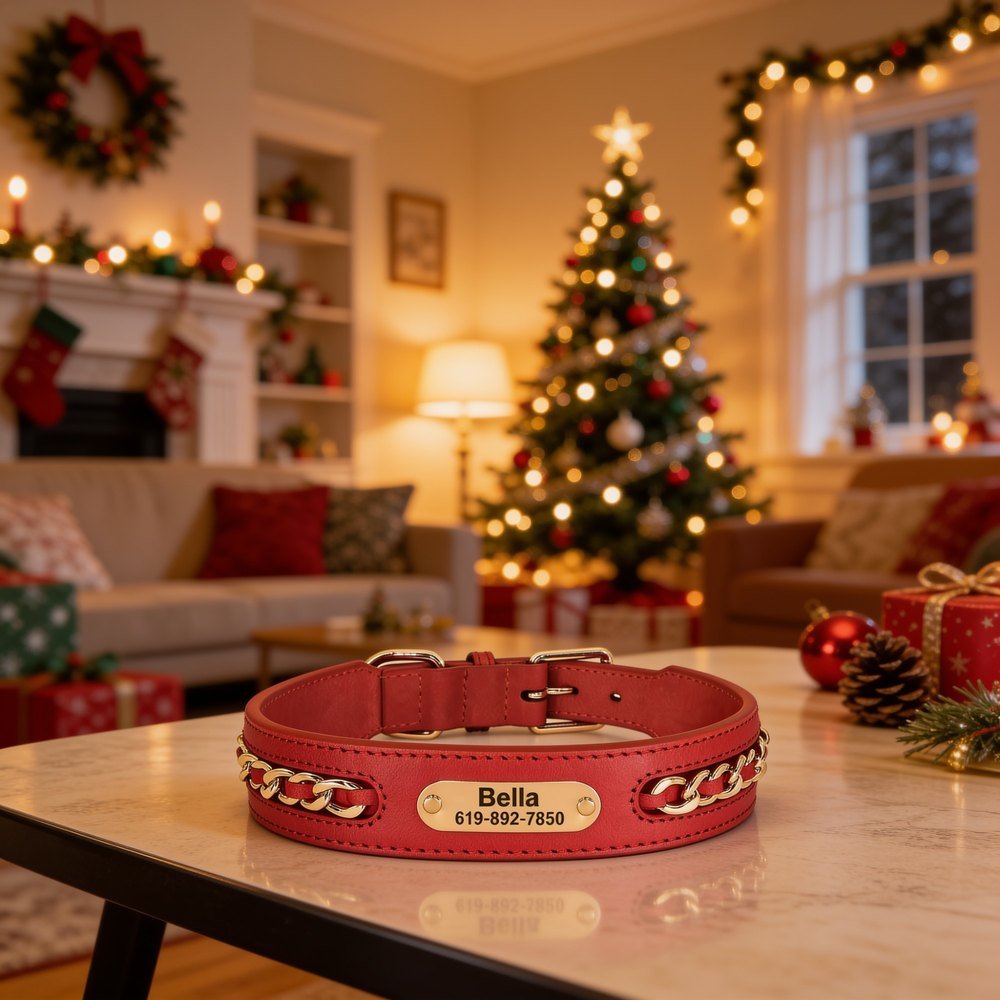 Christmas Red Genuine Leather Dog Collar – Chain Design, Personalised Engraved Name Plate - Image 3